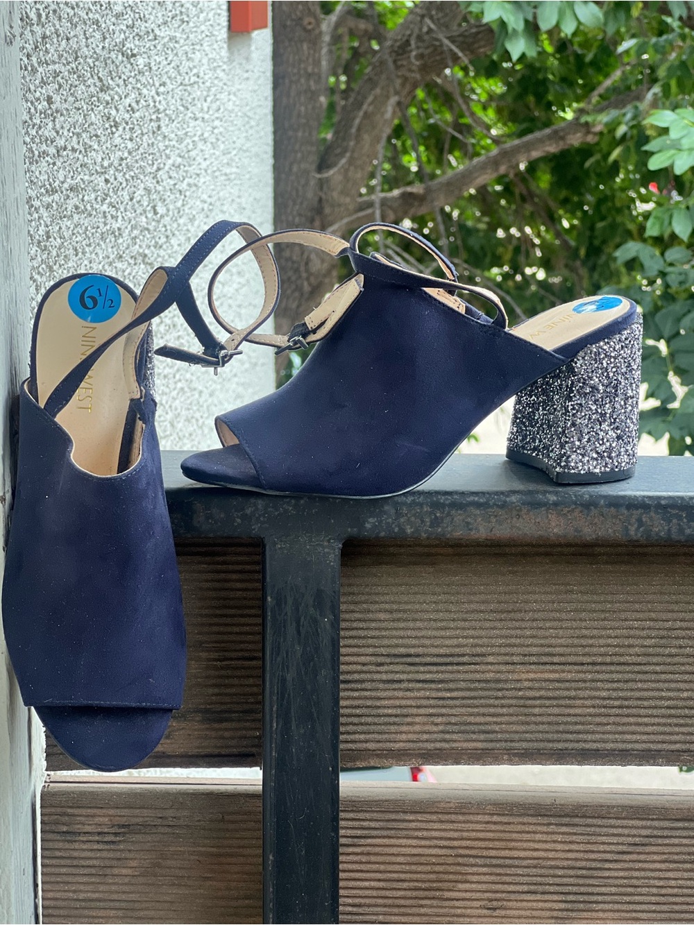 Nine West Navy Suede Open-Toe Mule with Silver Glitter Block Heel